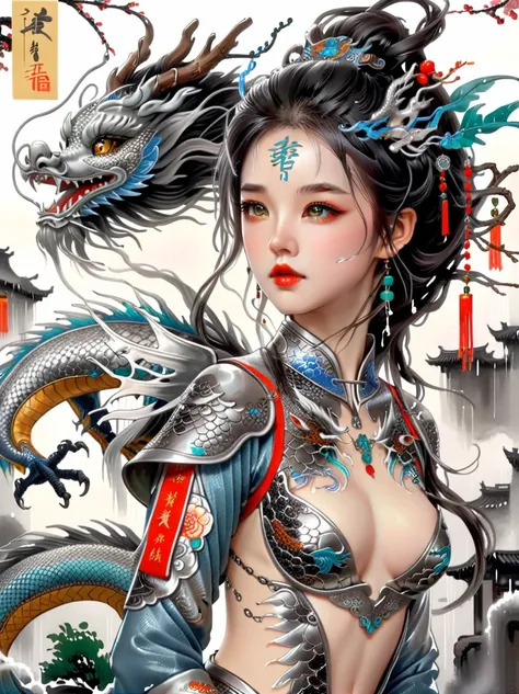 Works of Chinese style masters, shining, Traditional Chinese ink painting, willow branches, Wu Changshuo, 1 girl, small breasts, beautiful detailed eyes, beautiful detailed cyberpunk city, flat chest, beautiful detailed hair, wavy hair, beautiful detailed ...