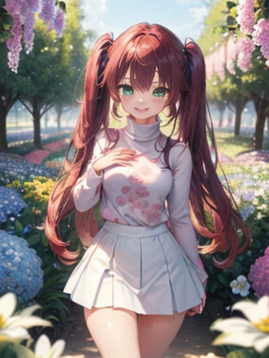 小さなgirl、The arrival of spring、thick thighs、thick thighs、 big ass、chest is small、(alone:1.5,)Super detailed,bright colors, very beautiful detailed anime face and eyes, back view、 shiny_skin,girl, ((Purple long hair,Inner color is red 、forehead is exposed.、g...