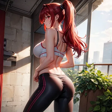 Cute girl, 14 years old, pony tail, big breasts, small bra and leggings shorts,red hair, red eyes, fit clothes, nice ass,