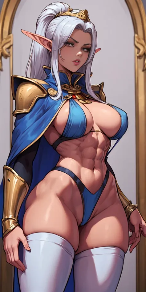 extremely long hair , ponytail, perfect anatomy 1 girl tall solo, slim thick, ((muscular)) high elf toned body, silver breast plate, blue cape, slendered abs, hourglass waist, detailed face, defined cheekbones, puffy lips, gauntlets, gold crown, shadow ove...