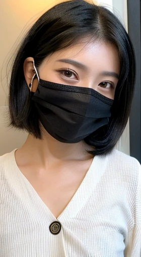 Short hairstyle with black hair、Smiling eyes、The eyes are smiling、black mask、shortcut、30 years old、Very obscene、((Selfie style in my room)),((student))、((very young))、((very cute))、((So adorable))、((Please wear a black non-woven mask...)),highest quality, ...