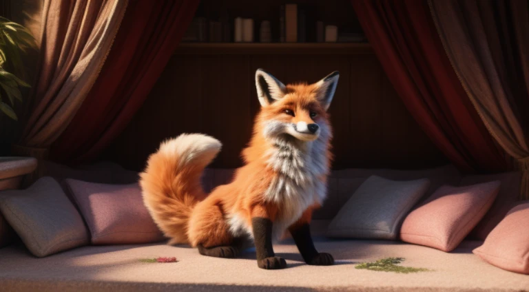 Fox in Leisure Wear, Big, Fluffy Phallus, Pelage-covered Paws, Pink Cushions, Pleasing Environmental Light, Ultra-detailed Felting, Volumetric Lights are Extremely Detailed

The fox dons a casual outfit, its furry form accentuated by the idyllic standing p...