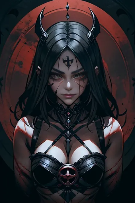 Dark, Creepy, Lilith, low dim lighting, dark chamber, smirk, blood on her face, cultist markings,