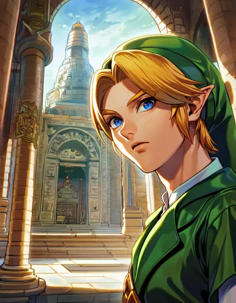 absurdres, highres, ultra detailed, HDR, master piece, best quality, Adult Link, blond hair, expressive dark blue eyes, green tunic, green hat, The legend of zelda ocarina of time, 1man, handsome, temple