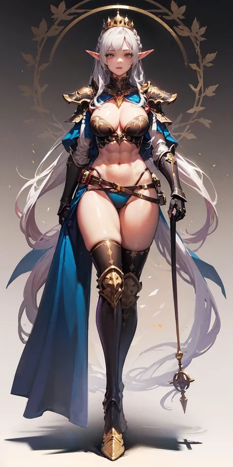 extremely long hair , ponytail, perfect anatomy 1 girl tall solo, slim thick, ((muscular)) high elf toned body, silver breast plate, blue cape, slendered abs, hourglass waist, detailed face, defined cheekbones, puffy lips, gauntlets, gold crown, shadow ove...