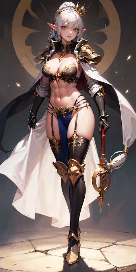 extremely long hair , ponytail, perfect anatomy 1 girl tall solo, slim thick, ((muscular)) high elf toned body, silver breast plate, blue cape, slendered abs, hourglass waist, detailed face, defined cheekbones, puffy lips, gauntlets, gold crown, shadow ove...