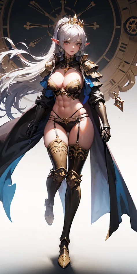 extremely long hair , ponytail, perfect anatomy 1 girl tall solo, slim thick, ((muscular)) high elf toned body, silver breast plate, blue cape, slendered abs, hourglass waist, detailed face, defined cheekbones, puffy lips, gauntlets, gold crown, shadow ove...