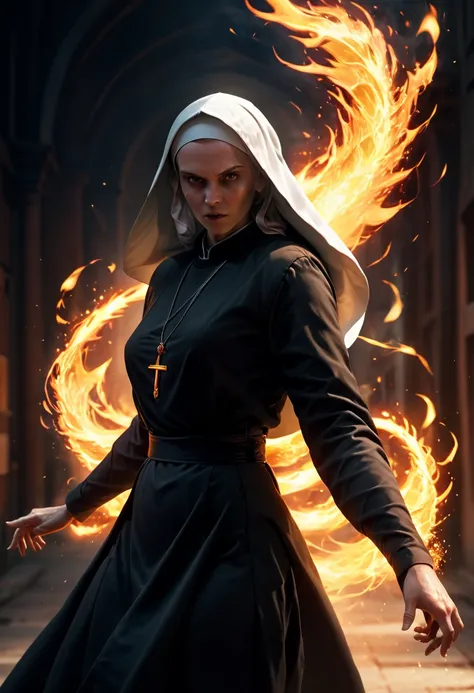 (best quality,8k,highres,masterpiece:1.2),realistic,nun,demon, intense fight, dynamic pose, vibrant flames, magical effects, sparkling aura