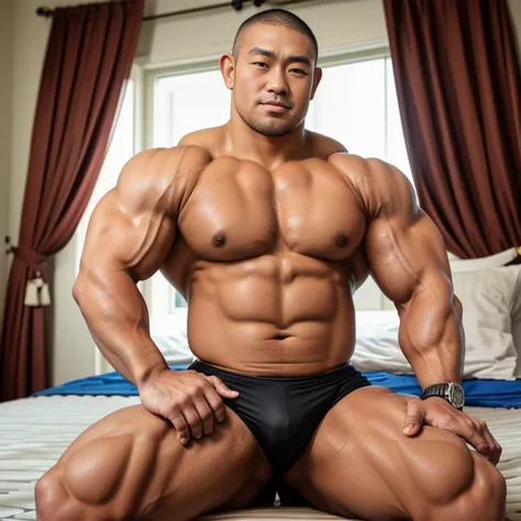 (sexy look:1.2), (hugging each other:1.2), (sports wear:1.2), (at bed room:1.2), Japanese man, manly face, (round face:1.2), (monolid eyes:1.2), (crew cut:1.2), very large and strong body, bulky body, beefy muscles, (bulging muscles:1.2), (very large pecto...