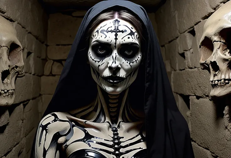 nun, (blackmetal corpsepaint face paint), in the shadows, darkness, no light source, only shades of darkness showcase the french catacombs, surrounded by artistic hand created a kind of mosaic out of these final remains of humanity, ornate intricate skelet...