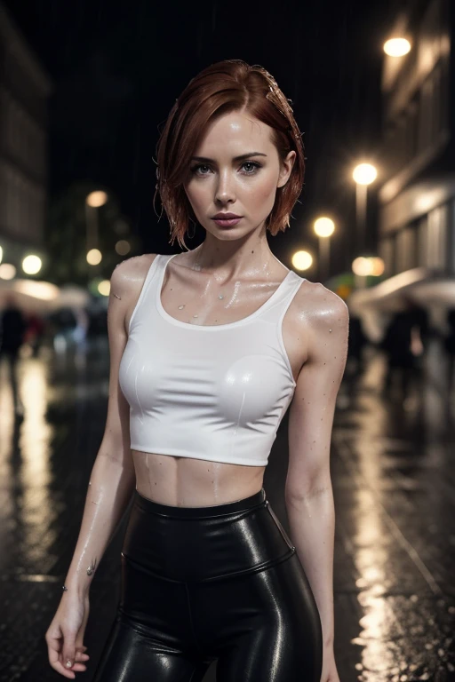 âa close-up shot of karen gillan, short hair, skinny body, narrow waist, (abs:0.7), in public at a german city ((at night in t...