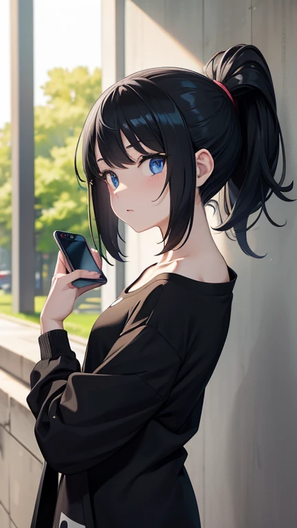 1 girl, alone, masterpiece, Highest_quality, photo shoot, looking at camera, young adult ガーデボア, tired look, Pokemon, Pokemon (game), game freak, Nintendo, (porcelain skin), blue eyes, (black hair), (messy hair in ponytail), black cardigan, baggy t-shirt, b...