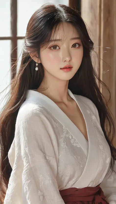 There is a woman, upper body, long hair, delicate skin texture and cloth texture, delicate eyes, long eyelashes, double eyelids, no clothes, bae suzy, Ghibli anime style, no skirt, inspired by Shen Se-jung, elegant no clothing style, innocent