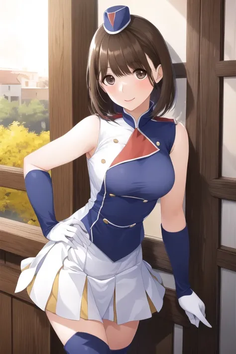 masterpiece, highest quality, highest quality、An illustration、
girl 1、Beautiful eyes with attention to detail、((brown eyes))、small hat、
, chestnut hair, short hair, , have, band uniform, No sleeve, white gloves, pleated skirt, knee boots, cowboy shot, put ...