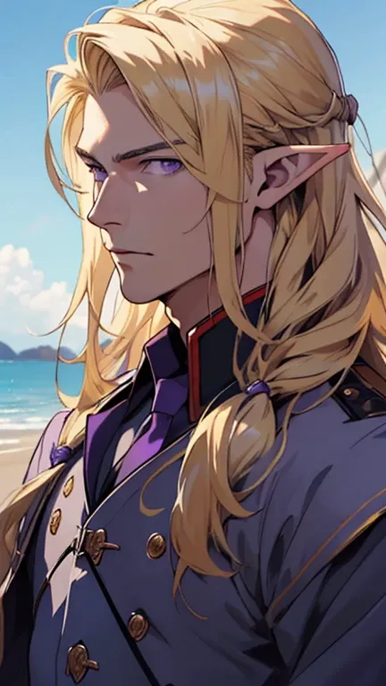 (masterpiece), best quality, high quality, 1 boy, beautiful face, handsome, sunlight, elf ears, pointy ears, handsome, blonde hair, long hair, purple eyes, soldier clothes, upper body, sea background, looking straight, purple eyes,