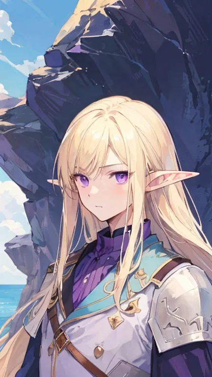 (masterpiece), best quality, high quality, 1 boy, beautiful face, handsome, sunlight, elf ears, pointy ears, handsome, blonde hair, long hair, purple eyes, soldier clothes, upper body, sea background, looking straight, purple eyes,