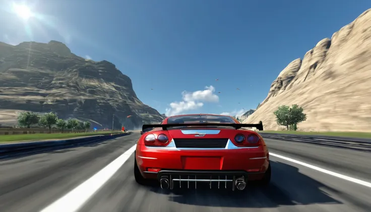 Playing High graphics super Car game in computer  screen shot from car back view with break and accelator