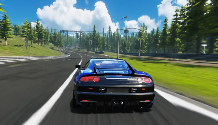 Playing High graphics super Car game in computer  screen shot from car back view with break and accelator