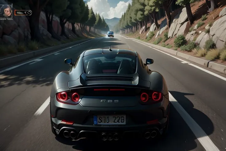 arafed view of a black sports car driving down a road, ultra-realistic graphics, next-gen graphics, real engine 5 cinematic, unreal engine cinematic, sportcar, 2020 video game screenshot, forza, ultra photorealistic raytracing, realistic unreal engine 3 d ...