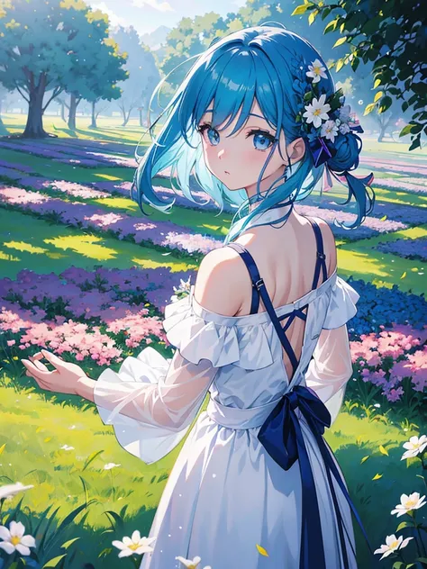 anime girl with blue hair and white dress standing in a field of flowers, trending on artstation pixiv, digital art on pixiv, anime art wallpaper 8 k, guweiz on pixiv artstation, anime art wallpaper 4 k, anime art wallpaper 4k, top rated on pixiv, beautifu...