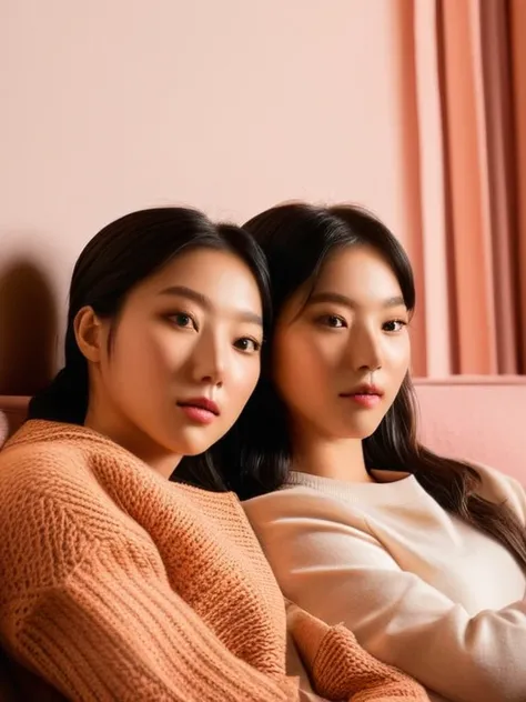 (high resolution, ultra-detailed, photorealistic), ((half body:1.4)) photo of sjang and her identical twin, leaning on each other, sitting on couch, cuddling, realistic faces, (living room:1.2), romantic, soft lighting