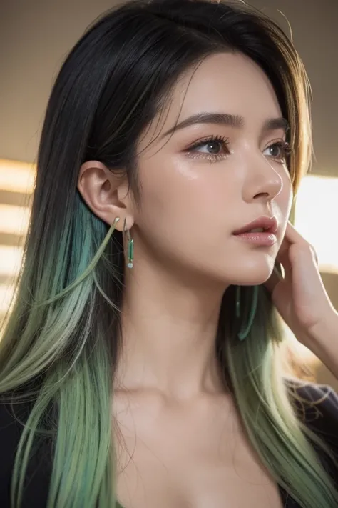 Striped hair0.8，Gradient hair 1.5，messy hair，ribbon，（Over the edge glasses 2），Green hair band0.5，（Crying with eyes open1.2），long eyelashes，crescent earrings，（Different color 1.5），tear，Projection illustration，close up，perspective，Ultra-wide angle 1，Ray trac...