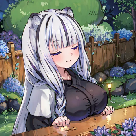 ((masterpiece:1.4, best quality)), ((masterpiece, best quality)),woman sleeping in field of flowers, featuring Black,Purple and Iris lights,white hair,dark purple eyes,smile,White Tiger ears,japanese heaven garden,night, Black kimono, adult, huge breasts, ...