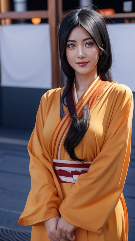 1girl, hyuga hanabi in anime boruto, long hair, dark blue hair, white eyes, byakugan eyes, beautifull, smile, muslim clothes, muslim style, wearing a mukena, wear the hijab, gamis orange clothes, wear a headscarf, mosque background, ultra detail, realistic...