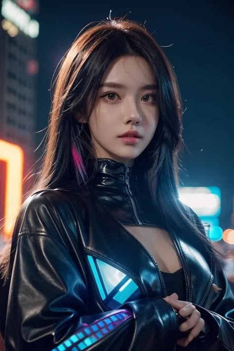 1 girl,Imagine a young girl in a cyberpunk atmosphere.,She has striking colored hair., For example, neon blue or dark red.,in your eyes, Add a touch of cybernetics or futuristic contact lenses that reflect the essence of advanced technology.,The clothes yo...