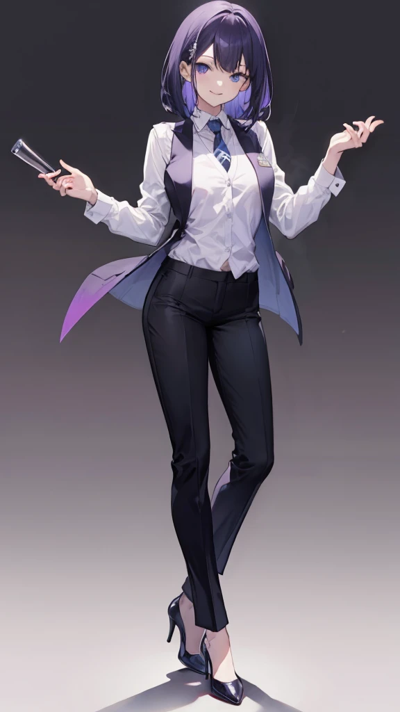 Purple,High cut layered hair,woman,bartender,vest,shirt,tie,pants,high heels,all,simple background,smile,whole body,full body,full body,Standing picture,vtuber,front,from front,viewer&#39;point of view,視線をfrontに,