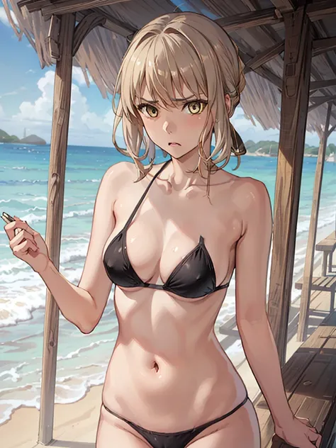 highest quality、table top、1 girl、The cutest girl、{{{saber alter:1.6}}}、((gold eyes:1.6),Fancy Black Bikini、thick body、plump breasts、Very grumpy and angry face、beach、cute anime illustration、{{camel toe:1.6}}