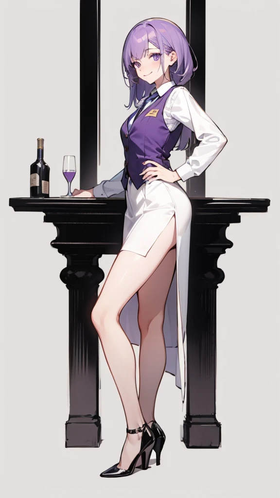 Purple,High cut layered hair,woman,bartender,vest,shirt,tie,high heels,all,simple background,smile,whole body,full body,full body,Standing picture,vtuber,upright,,Look forward,