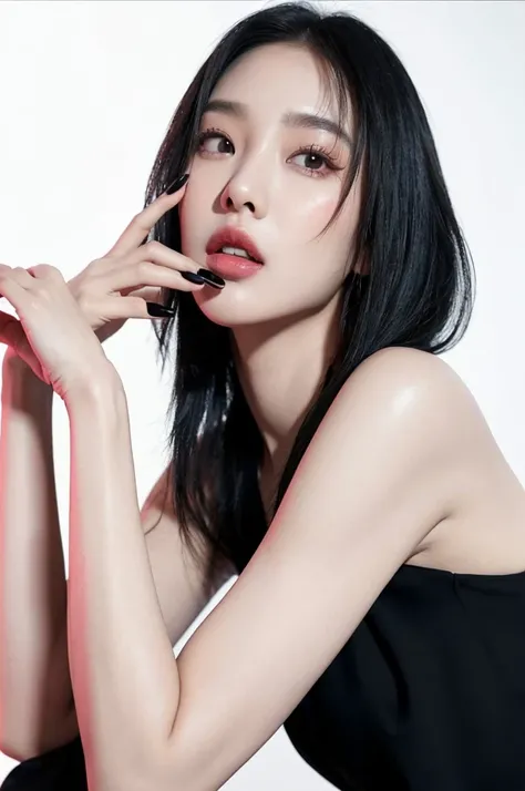 un primer plano de una mujer con un vestido negro y un labio rojo, heonhwa choe, sun yunjoo, aparcar desde-min, Lee Ji Eun, Lee Ji-Eun, parque roseanne de blackpink, Gongbi, jinyoung shin, Seseon Yoon, maquillaje popular de corea del sur, hermosa mujer sur...