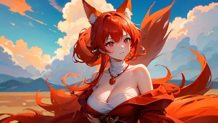 beutiful girl, red hair, red eyes, orange fox ears, orange fox nine tail, red royal clothes, 8k resolution, sky