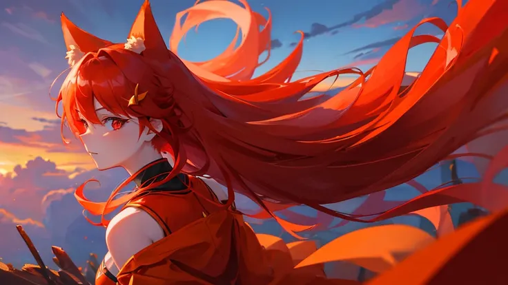 beutiful girl, red hair, red eyes, orange fox ears, orange fox nine tail, red royal clothes, 8k resolution, sky