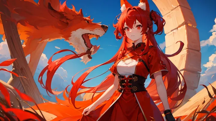 beutiful girl, red hair, red eyes, orange fox ears, orange fox nine tail, red royal clothes, 8k resolution, sky