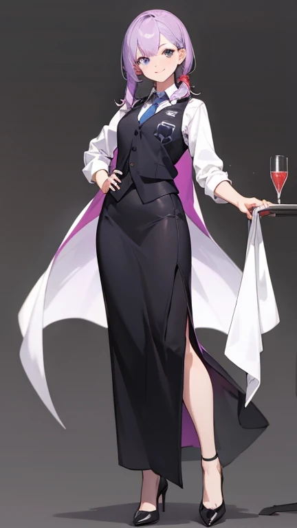 Purple,High cut layered hair,woman,bartender,vest,shirt,tie,high heels,all,simple background,smile,whole body,full body,full body,Standing picture,vtuber,upright,,Look forward,