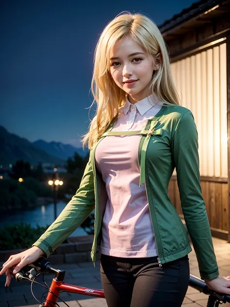 leading line,,,(surreal:1.2),(quality:1.2),(very elegant and beautiful:1.2),,(High resolution:1.3),solo,1 female, blonde hair，(perfectanatomy),(masterpiece),(best quality), miyo, ribbon, cross, pink blouse, green jacket, pants,  delighted smile, outside,mo...