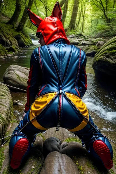 8k, best quality, (photorealistic:1.4), raw photo, 1boy, red hair, animal ears, blue hooded cape, ears sticking out, pose: sitting on a rock in a forest river, yellow eyes,  hotpants, rear view, (rear zipper:1.6), latex, (on all fours)