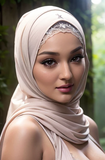 Seductive scene, close up photo of a sexy naked Pakistani girl with hijab (neelofa:1.4), wet lips, 1 mole below eyes, look at a camera and smile, natural make up, white pastel hijab, cute young face, 18 yo, soft volumetric lights, (perfect face), (ArtStati...