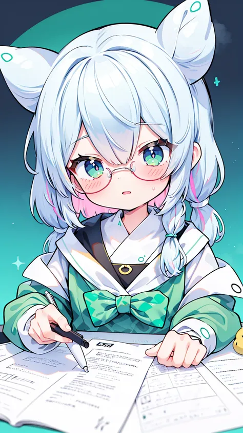 1girl,loli,white hair,(single bun:1.21),hime cut,light green streaked hair,(silver snake eyes),dark green round semi-rimless gla...