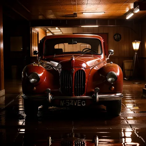 vintage car gleaming with wetness, parked on a dark-shaded tiled floor reflecting its crimson paint, vintage rustic charm, polis...