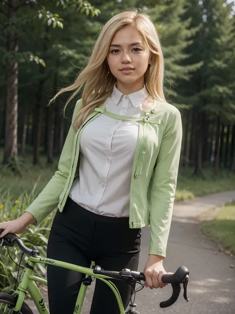 leading line,,,(surreal:1.2),(quality:1.2),(very elegant and beautiful:1.2),,(High resolution:1.3),solo,1 female, blonde hair，(perfectanatomy),(masterpiece),(best quality), miyo, ribbon, cross, pink blouse, green jacket, pants,  delighted smile, outside,mo...