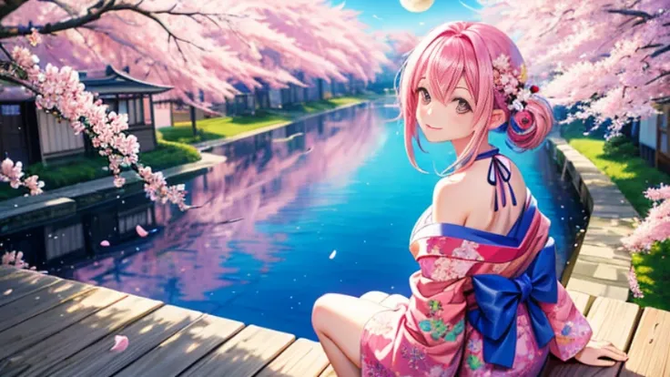 anime, one girl, colorful hair,pink hair and blue hair、 Hair is tangled, pink eyes, Kyoto, cherry blossoms、petal、moon, pink patterned kimono, off shoulder, sitting, alone,cleavage、smile