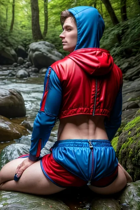 8k, best quality, (photorealistic:1.4), raw photo, 1boy, blue hooded cape, pose: sitting on a rock on all fours in a forest river,  (red shorts with rear zipper:1.4), rear view, latex, (legs apart), crop top, facing camera, male features, (rear zipper:1.2)