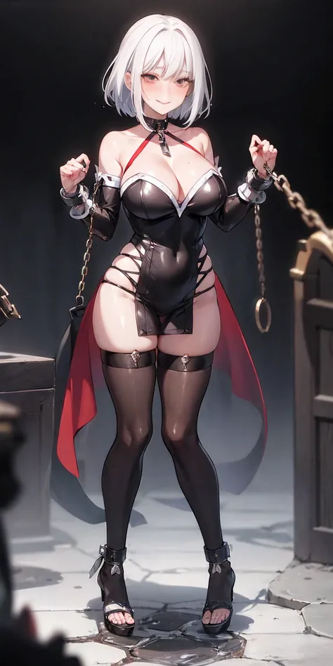 dark fantasy anime illustration of a (mature MILF BIMBO albino skin and short white hair), (FULL BODY) perfect face, wearing tight leather stealth armor, stalking, BIG KNOCKERS CLEAVAGE, lustful smirking smile red blush red cheeks, chain leash, kneeling, s...