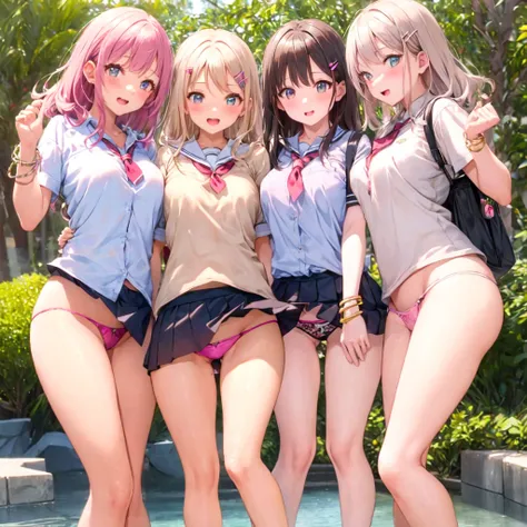 Texture CG, ((Ultra Detail Art)), ((​master piece)), (extremely details CG),Multiple girls,3girls,harem , school gals ,school gyaru ,((((school unifrom))),skirt ,(((pleated mini skirt)))), white shirt, school bag, bag , beautiful legs, wind lift, panty sho...