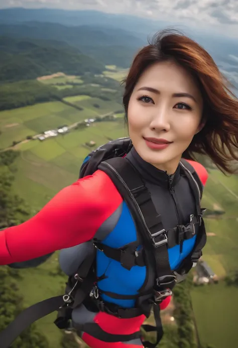 A beautiful Japanese woman in her 30s goes skydiving、micro bikini、very sexy swimsuit、up in the sky３０００meter、so beautiful、staring at the camera、The camera follows her