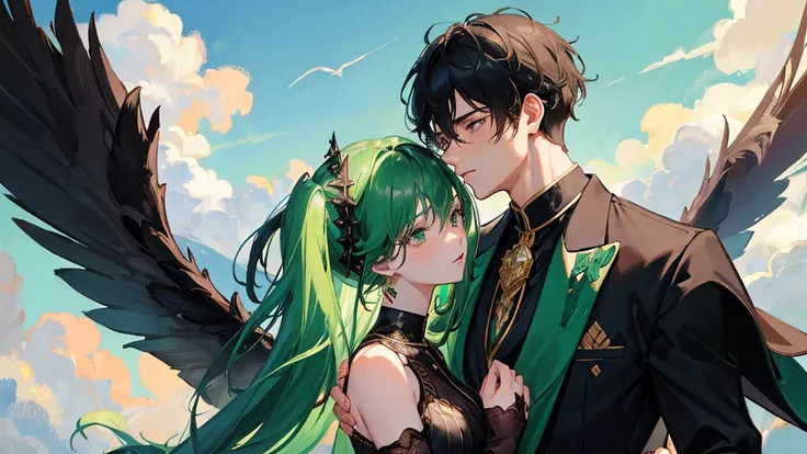 couple, boy with black hair, black royal clothes, majestic black wings, and girl with green hair, green royal clothes, fairy wings, kissing pose, sky, 8k resolution