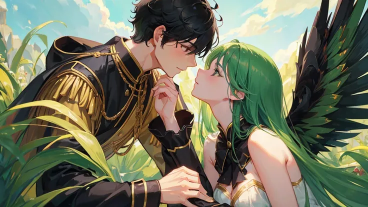 couple, boy with black hair, black royal clothes, majestic black wings, and girl with green hair, green royal clothes, fairy wings, kissing pose, sky, 8k resolution